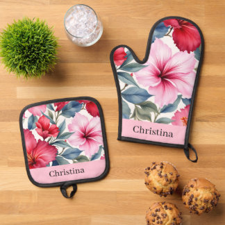 Roze Rode Tropische Bloemen Ovenwant & Pannenlap Set
