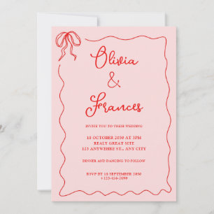 Roze Rode Vintage Bow Wavy Lijst Huwelijksuitnodig Kaart