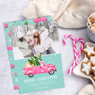  roze rode vrachtwagen kerstboom blauwgroen foto feestdagenkaart