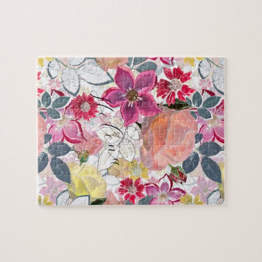 Roze, rode waterverf bloemen. legpuzzel (Horizontaal)