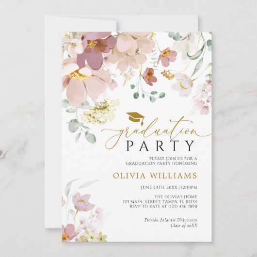 Roze & Rode Wildbloemen Afstudeerfeest Uitnodiging (Voorkant)