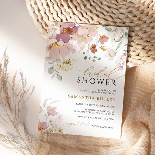 Roze & Rode Wildbloemen Bruidsdouche Uitnodiging