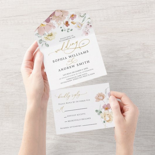 Roze & Rode Wildbloemen Bruiloft All In One Uitnodiging (Afscheurbaar)