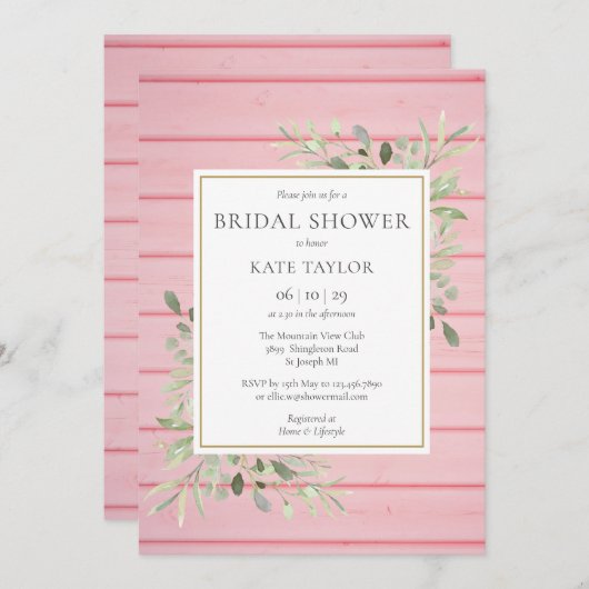 Roze Roestig Hout Groene Bruids-Shower Kaart (Voorkant / Achterkant)