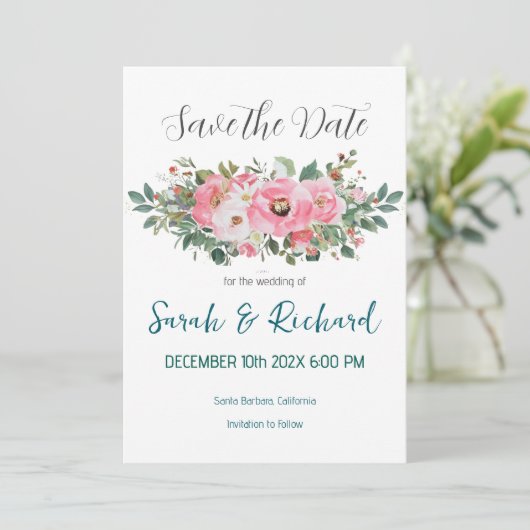 Roze Romantische lente Bloemen Waterverf bruiloft Save The Date (Staand voorkant)