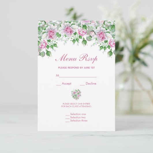 Roze Romantische Rozen Trouwmenu RSVP (Staand voorkant)