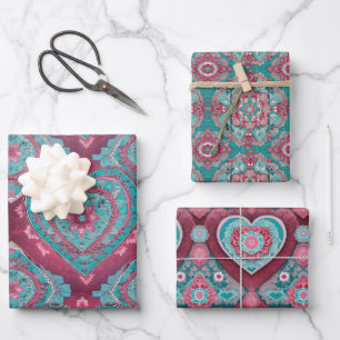 Roze Rood & Aqua Valentijnsdag Hart Mandala Inpakpapier Vel