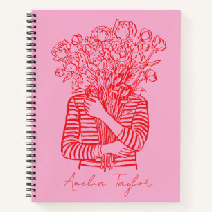 Roze Rood Bloemmotief Kunst Doodle Trendy Geperson Notitieboek