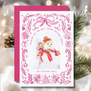 Roze Rood Coquette Kerst Familie Foto Doodles Feestdagenkaart