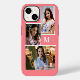 Roze Rood Custom 3 Foto Collage Monogram iPhone 14 Hoesje