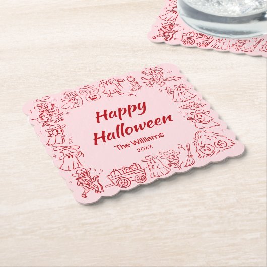 Roze Rood Eigenzinnige Hand Getrokken Doodles Hall Kartonnen Onderzetters (Gebogen)