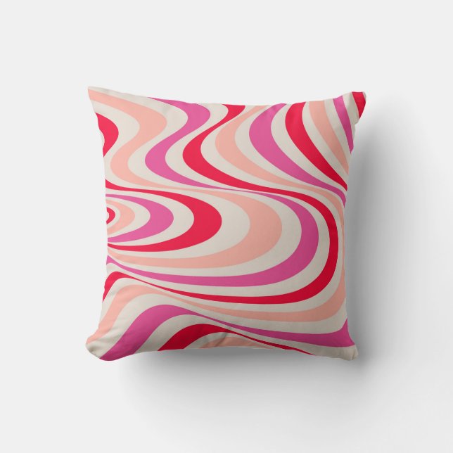 Roze, rood en grijs abstract retro swirl design kussen (Voorkant)