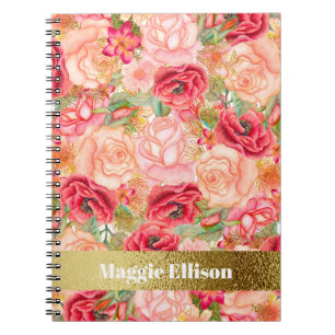 Roze Rood Gouden Rozen Gepersonaliseerde Bloemen Notitieboek