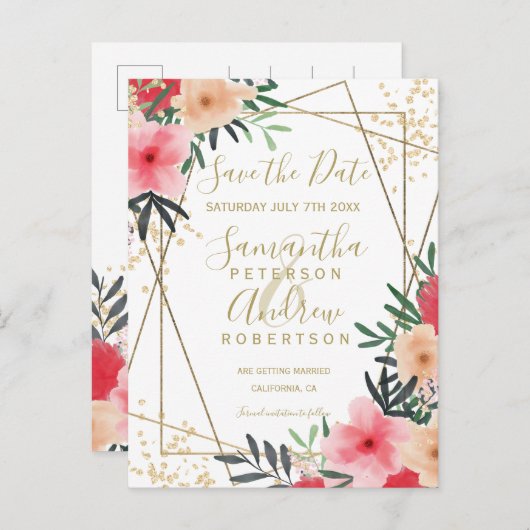 Roze rood groen bloemgoud lijst met uitzondering v aankondigingskaart (Voorkant / Achterkant)