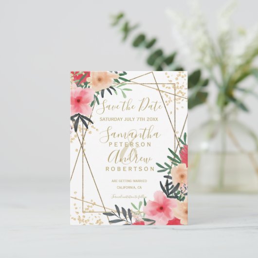 Roze rood groen bloemgoud lijst met uitzondering v aankondigingskaart (Staand voorkant)