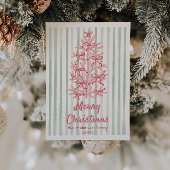 Roze Rood Groen Getrokken Bogen Boom Kerst Feestdagenkaart