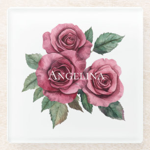 Roze Rood Groene Rozen Bloemen Glazen Onderzetter