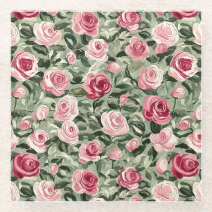Roze Rood Groene Rozen Bloemen Glazen Onderzetter