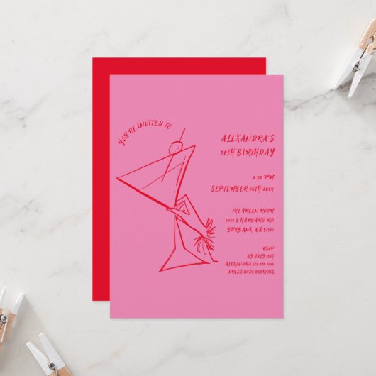 Roze Rood Handgetekende 50e Verjaardag Uitnodiging (Voorkant / Achterkant in situ)