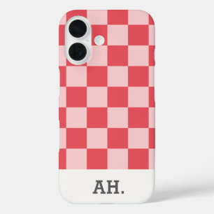 Roze Rood Modern Monogram Geruit iPhone 16 Hoesje