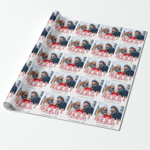 Roze Rood Prettig Kerstmis Script Familie Foto Cadeaupapier
