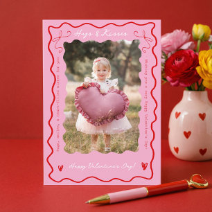 Roze Rood Retro Golfachtige Krabbel Kinder Foto Va Feestdagen Kaart