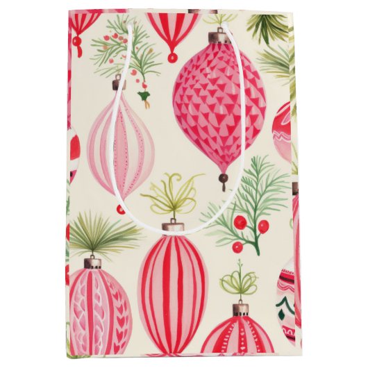 Roze Rood Retro Kerst Ornamenten Medium Cadeauzakje (Voorkant)