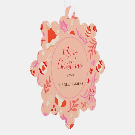 Roze Rood Retro Kerstmis Ornament Kaart (Rechts)