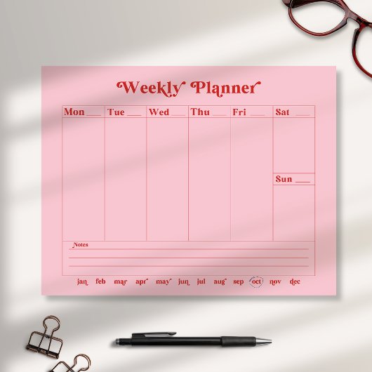 Roze, rood, retro stijl weekplanner Notitieblok