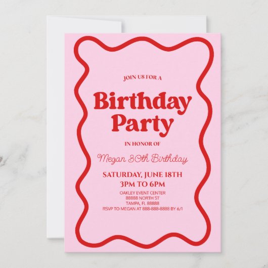 Roze Rood Retro Wavy Border Verjaardagsfeest Kaart (Voorkant)