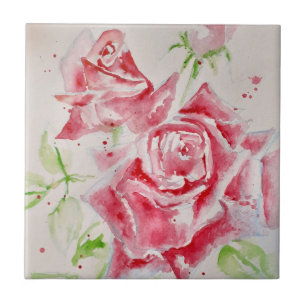Roze Rood Roos Rozes Waterverf Bloem Florale kunst Tegeltje