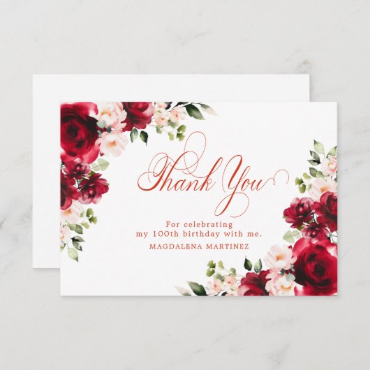 Roze Rood Rose Bloemen 100ste Verjaardag gepersona Bedankkaart (Voorkant / Achterkant)