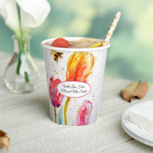 Roze Rood Tulp en Bij Aquarel Schildering Bruiloft Papieren Bekers