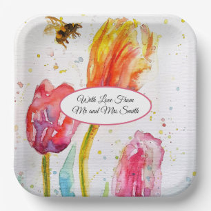 Roze Rood Tulp en Bij Aquarel Schildering Bruiloft Papieren Bordje