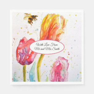 Roze Rood Tulp en Bij Aquarel Schildering Bruiloft Servet