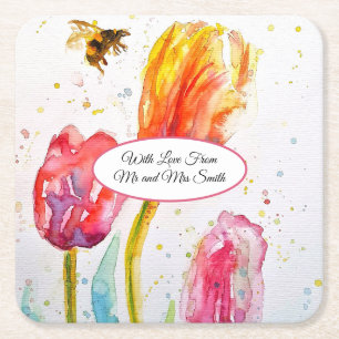 Roze Rood Tulp en Bij Aquarel Schildering Bruiloft Vierkante Kartonnen Onderzetter
