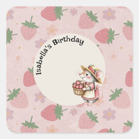 Roze Rood Twee Zoete Aardbei 2e Verjaardagsfeest Vierkante Sticker (Voorkant)