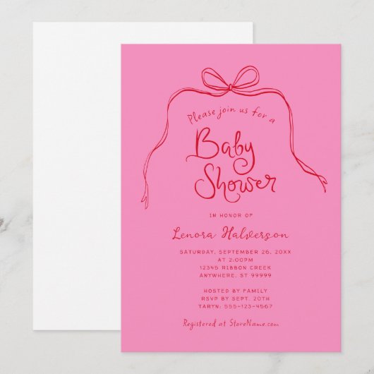 Roze Rood Vet Eenvoudige Boog Baby shower Uitnodig Kaart (Voorkant / Achterkant)