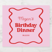 Roze Rood Wavy Border Verjaardag Dinner Party Sparkling Wijnetiket (Enkel label)
