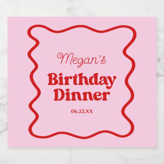 Roze Rood Wavy Border Verjaardag Dinner Party Sparkling Wijnetiket (Enkel label)