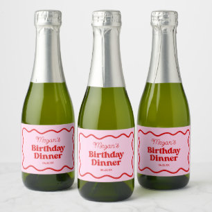Roze Rood Wavy Border Verjaardag Dinner Party Sparkling Wijnetiket