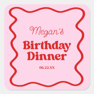 Roze Rood Wavy Border Verjaardag Dinner Party Vierkante Sticker