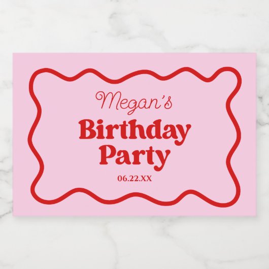 Roze Rood Wavy Border Verjaardagsfeest Sparkling Wijnetiket (Enkel label)