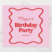 Roze Rood Wavy Border Verjaardagsfeest Sparkling Wijnetiket (Enkel label)