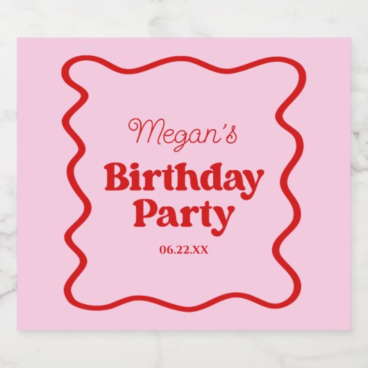 Roze Rood Wavy Border Verjaardagsfeest Sparkling Wijnetiket (Enkel label)