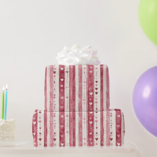 Roze Rood Wit Hart Strepen Verjaardag Cadeaupapier