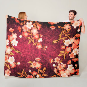 ROZE ROOD WITTE VOORJAARSBLOEMEN, ANTIEK ROOD BLOE FLEECE DEKEN