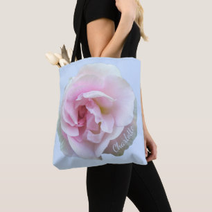 Roze Roos Aangepaste Naam Lichtblauw Draagtas