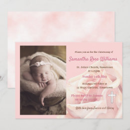 Roze roos baby girl foto doop kaart