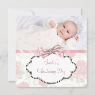 Roze Roos Baby Meisje Foto Doop Kaart